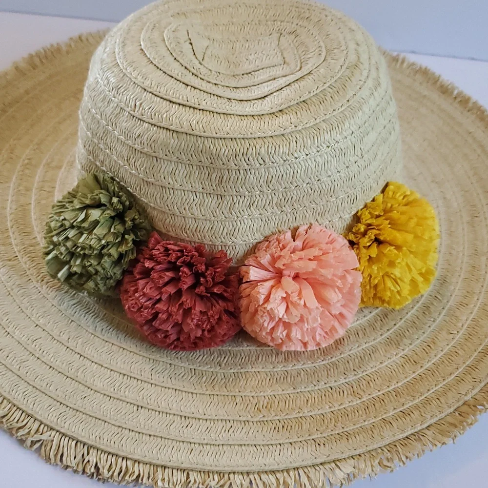 Tan and Green Wide-Brimmed Hat with Colorful Accents